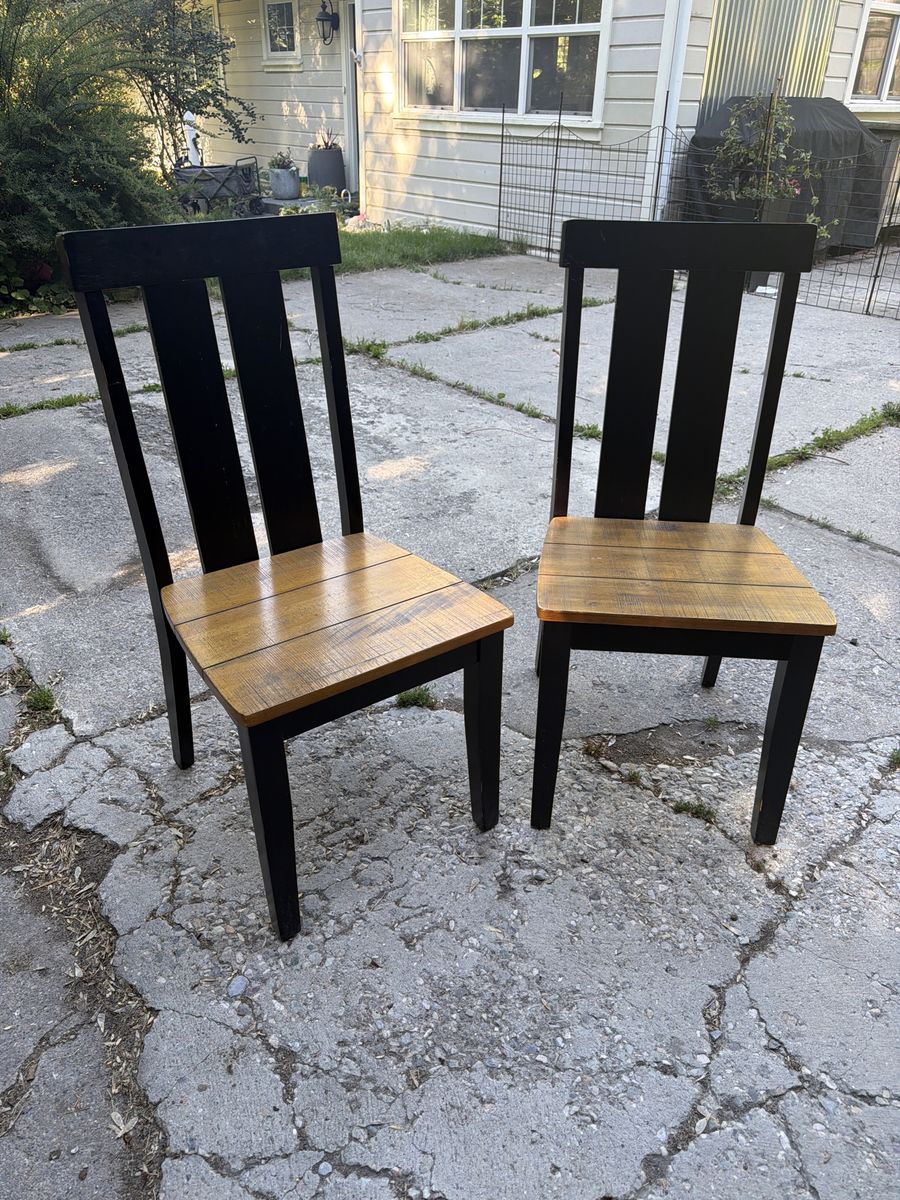 Set of 2 Black Wood Dining Chairs with Natural Wood Seats - Modern Farmhouse Style