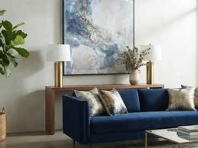 NEW 40x40 Modern Abstract Minimalist Blue White Gold Canvas Framed