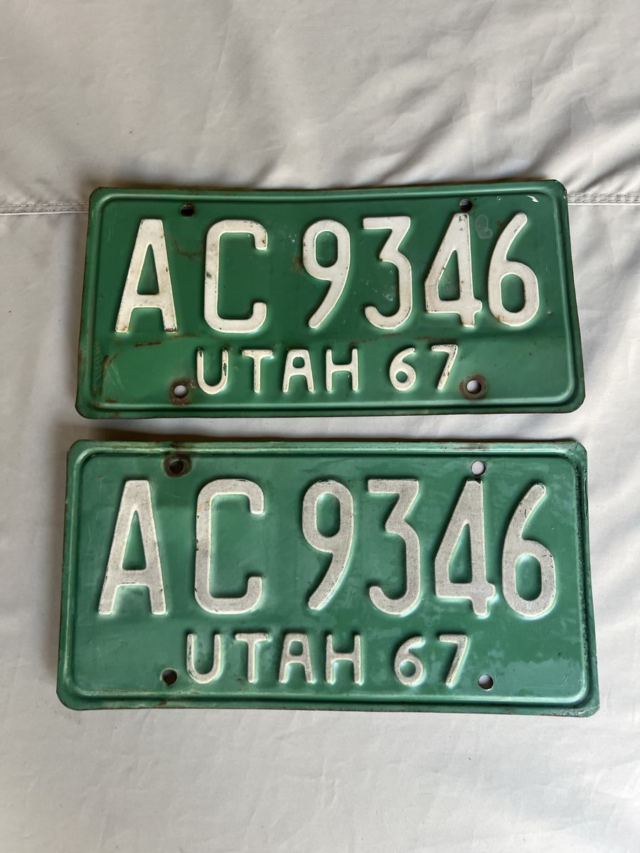 Vintage 1967 Utah License Plates Set AC 9346 Green Metal Pair