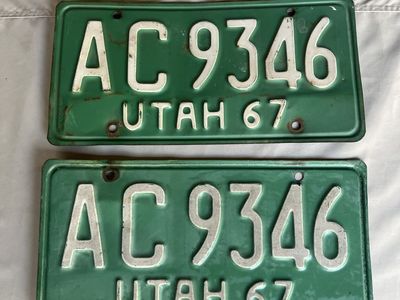 Vintage 1967 Utah License Plates Set AC 9346 Green Metal Pair