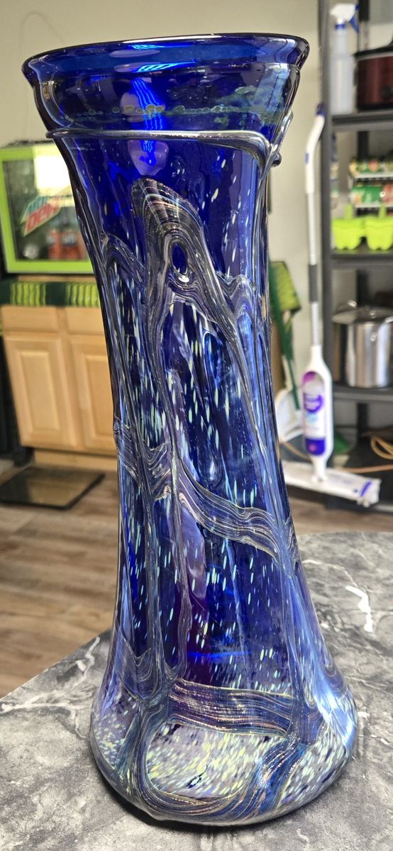 Hand-Blown Art Glass Cobalt Blue Vase with Swirls and Speckles - Unique Home Decor