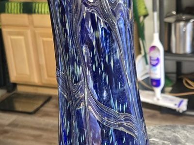 Hand-Blown Art Glass Cobalt Blue Vase with Swirls and Speckles - Unique Home Decor