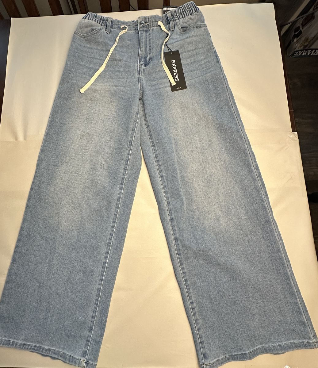 Express Wide Leg Jeans Womens S Light Wash Mid Rise Drawstring Denim NWT