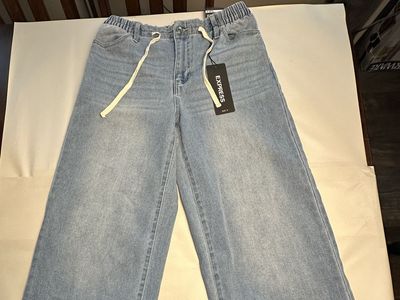 Express Wide Leg Jeans Womens S Light Wash Mid Rise Drawstring Denim NWT