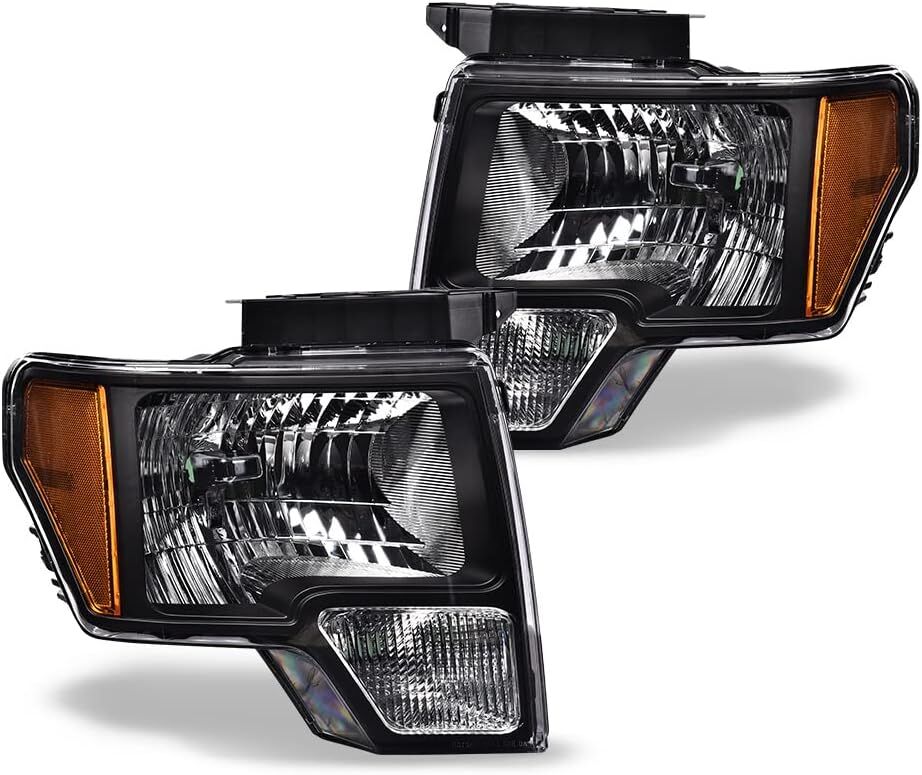 Headlights Left & Right/ Clear Halogen DRL Headlight Lamps for 2009-2014 Ford F150 (Fits only Halogen Headlight Models)