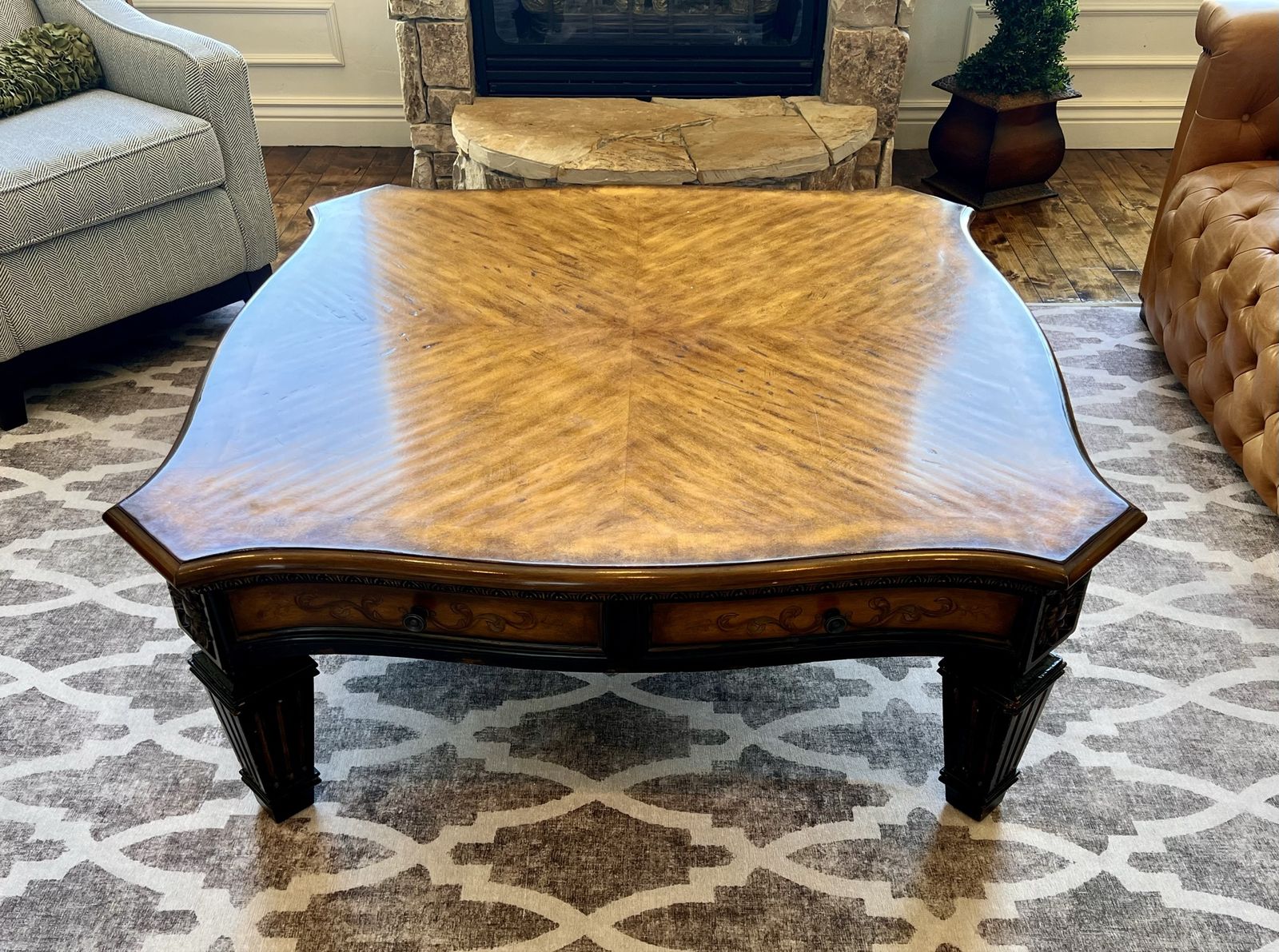 Ornate Traditional Square Coffee Table with 2 Drawers - Carved Wood Details, Rich Finish