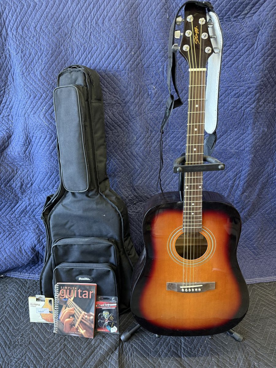 Stagg SW205 VS Handmade Western Guitar Acoustic Guitar Bundle with Case, Book, Strings, Picks, and Stand