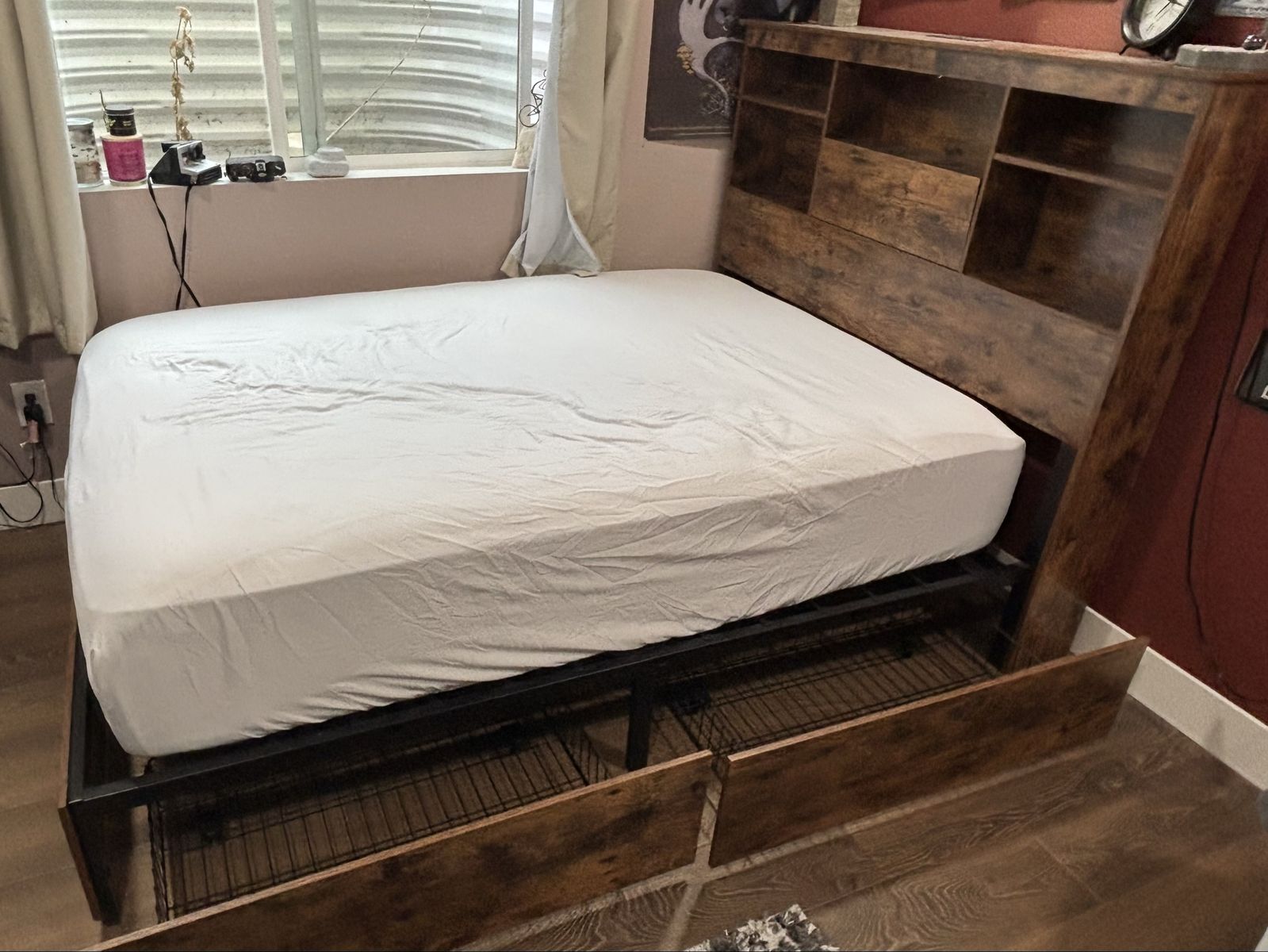 Full Size Bed Frame with Storage Headboard and Under-Bed Baskets - Rustic Wood Finish