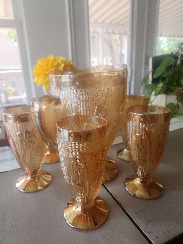 Vintage Jennette Marigold Carnival Glass Pitcher & 6 Matching Footed Tumblers Set
