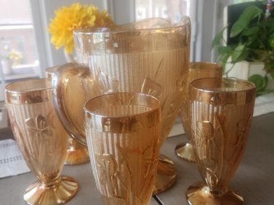 Vintage Jennette Marigold Carnival Glass Pitcher & 6 Matching Footed Tumblers Set