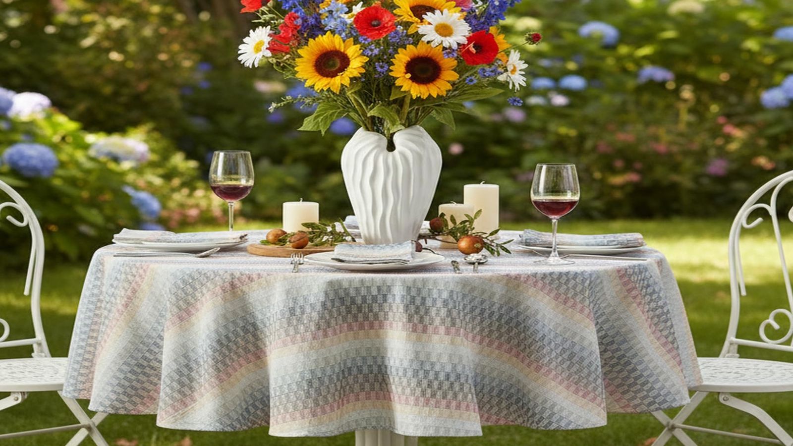 Home Bargains Plus Chester Blue, Taupe, and Terracotta Woven Fabric Tablecloth, 70 Inch Round, Geometric Striped Cotton-Blend