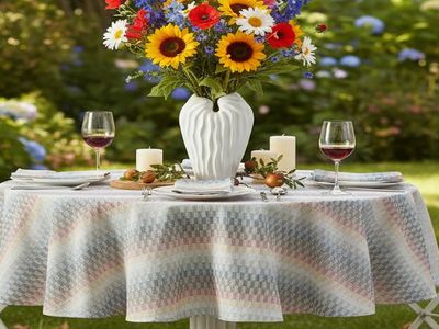 Home Bargains Plus Chester Blue, Taupe, and Terracotta Woven Fabric Tablecloth, 70 Inch Round, Geometric Striped Cotton-Blend