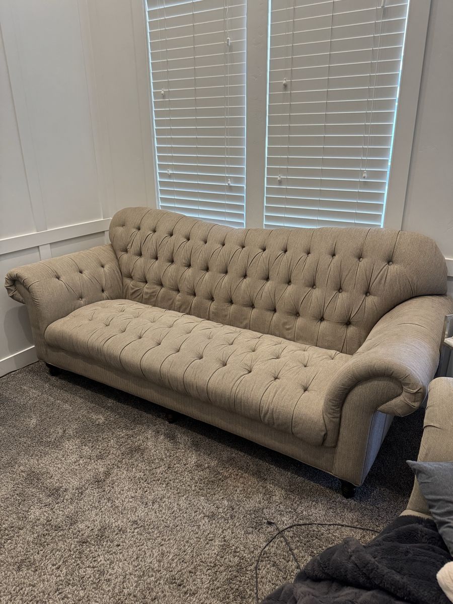 Tufted Chesterfield Style Sofa and Loveseat - Beige Fabric Couch