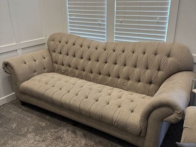 Tufted Chesterfield Style Sofa and Loveseat - Beige Fabric Couch