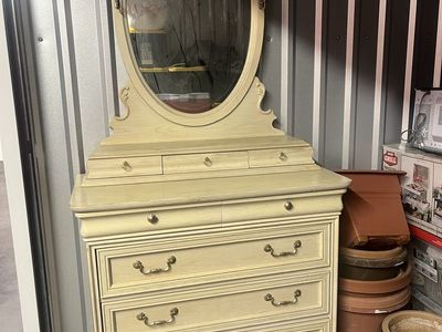 Vintage Light Cream Wood Dresser with Oval Mirror