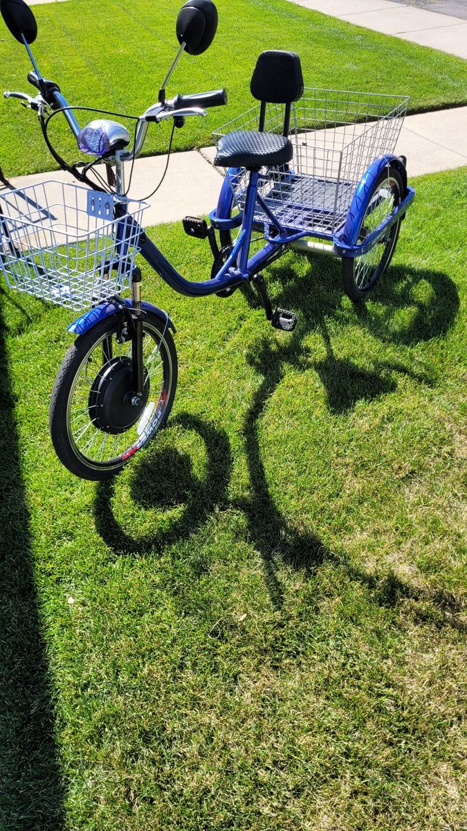 Cozytrikes Blue Electric Adult Tricycle w/ Front & Rear Baskets - 3-Wheel E-Bike