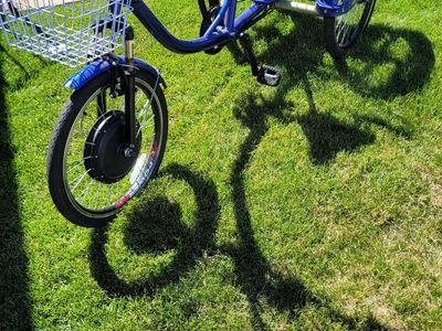 Cozytrikes Blue Electric Adult Tricycle w/ Front & Rear Baskets - 3-Wheel E-Bike