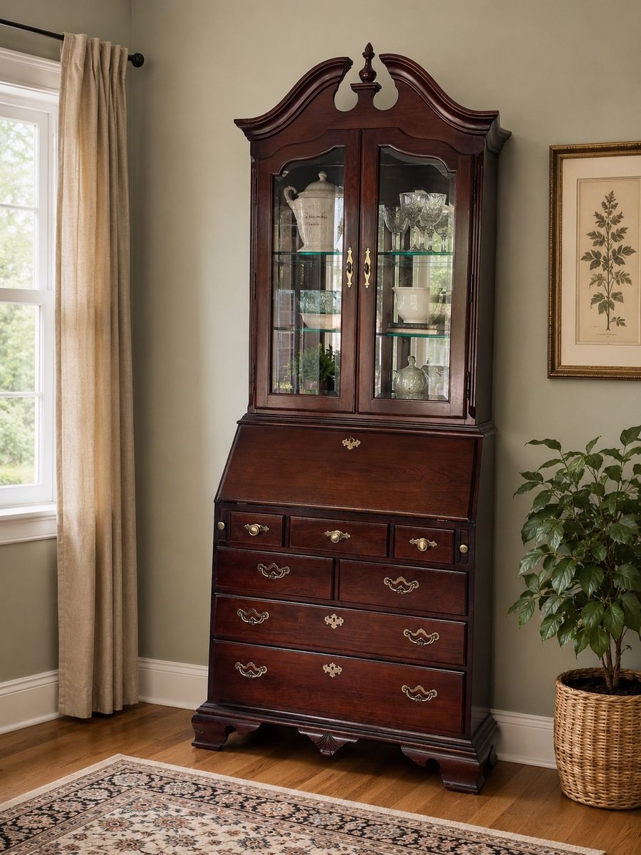 Vintage Thomasville Solid Wood Secretary Desk & Lighted Glass Hutch