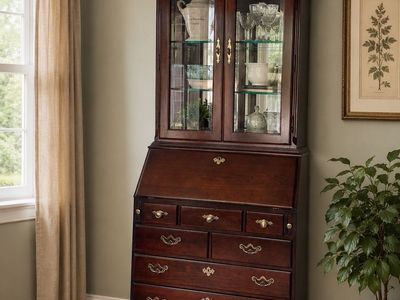 Vintage Thomasville Solid Wood Secretary Desk & Lighted Glass Hutch