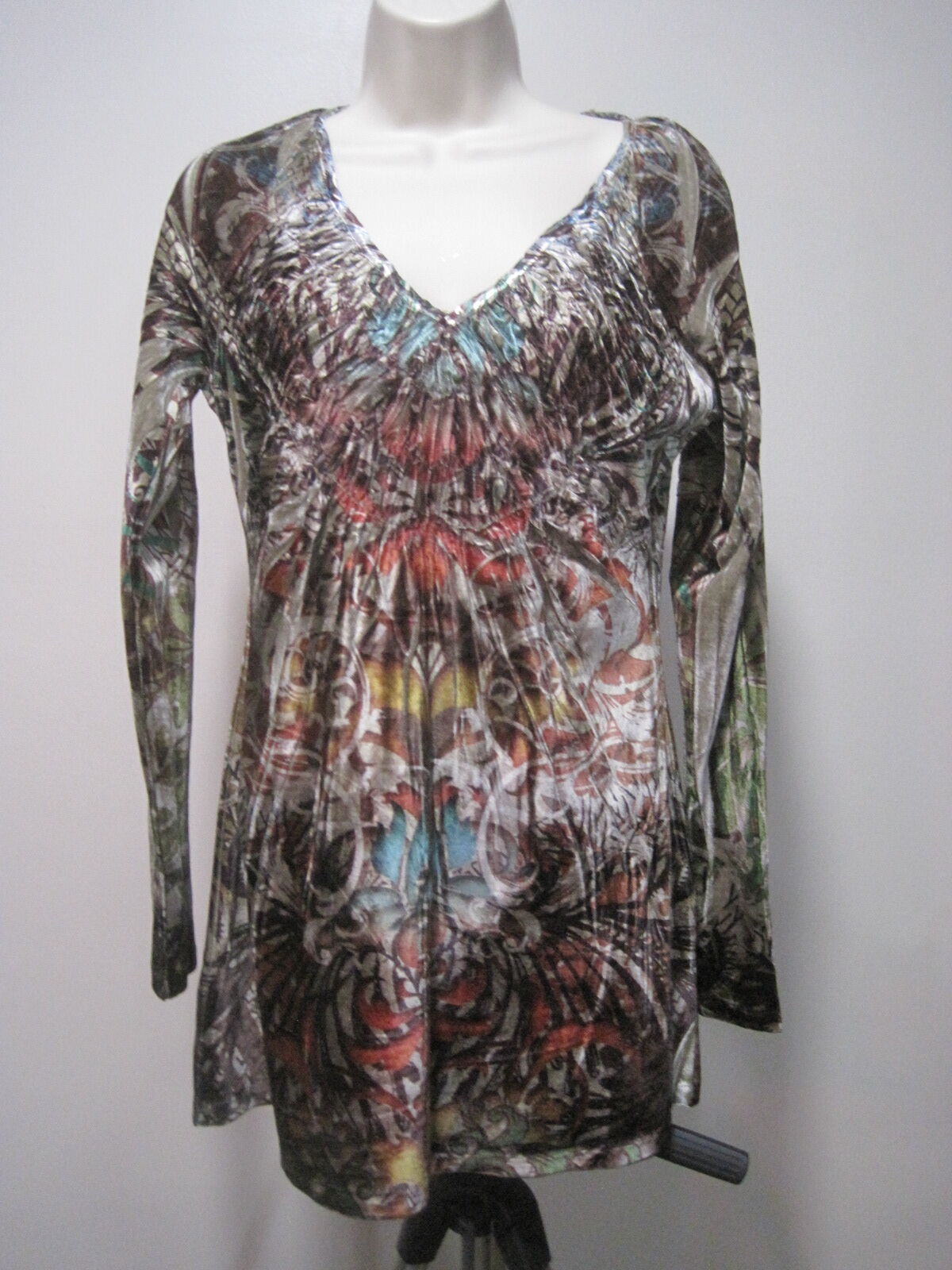 Vintage One World Velvet Polyester Long Sleeve Colorful Tunic Top Women's Medium