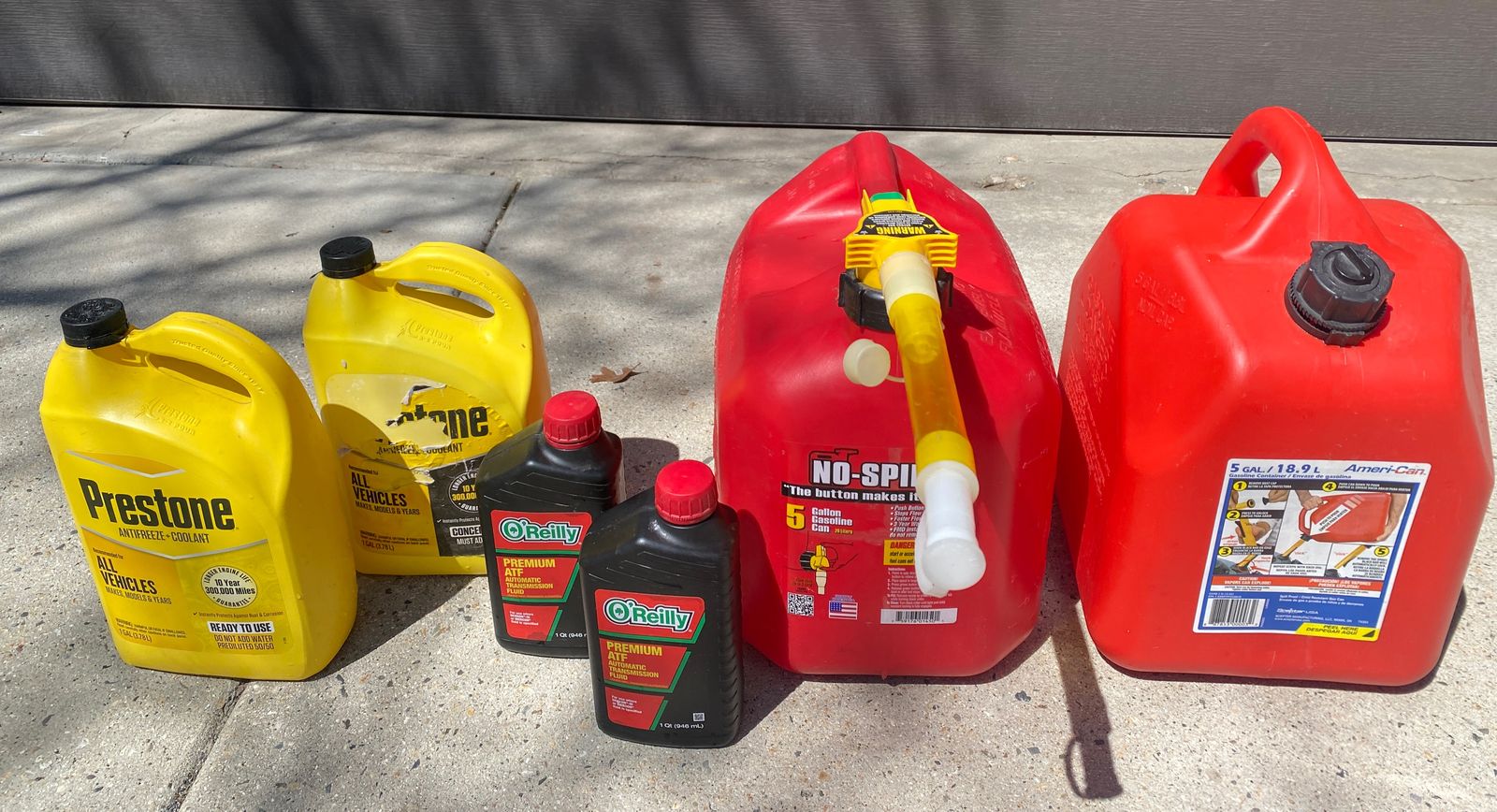 2 No-Spill + Ameri-Can 5 gallon Gasoline Cans + 1 New Prestone antifreeze + 1 new O'Reilly  Premium Automatic Transmission Fluid