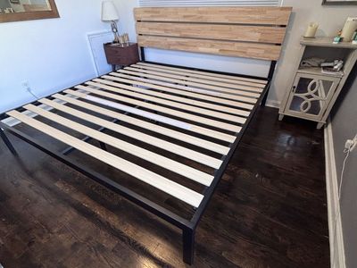 King Size Metal Bed Frame with Wood Headboard & Slats - Sturdy & Modern Design