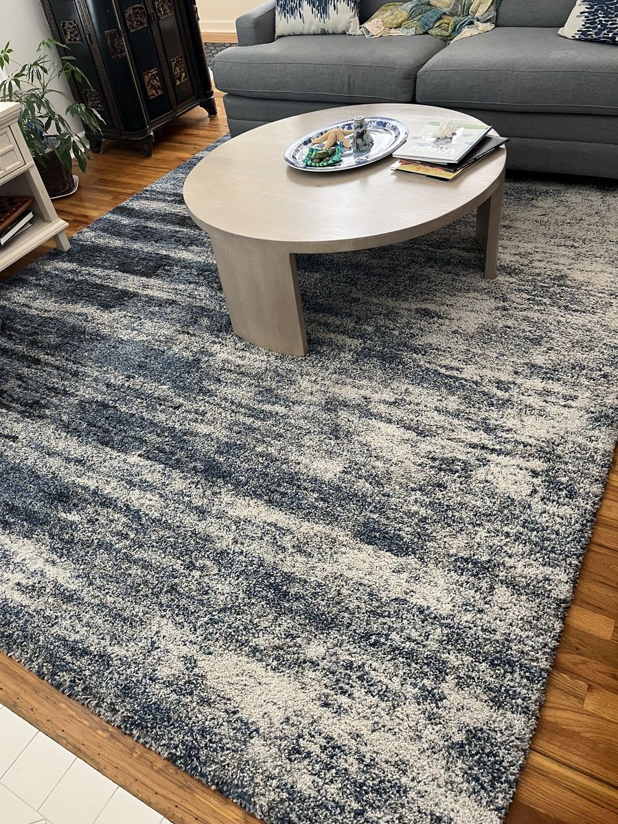 Large Blue & White Area Rug - Abstract Pattern - Used