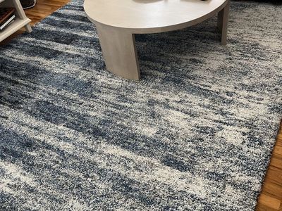 Large Blue & White Area Rug - Abstract Pattern - Used