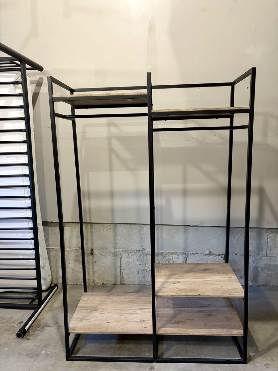 Industrial Style Open Wardrobe Garment Rack with Shelves, Wood & Metal Closet Organizer