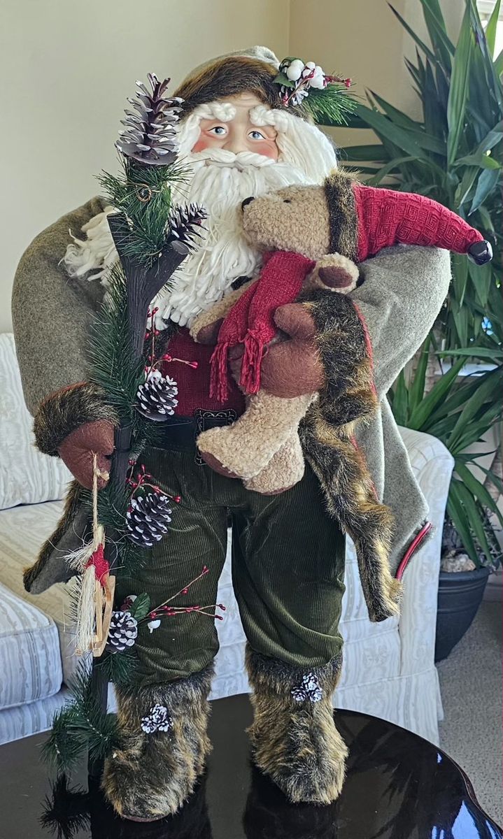 Large Alpine Rustic Woodland Santa Claus Figurine with Bear and Pine Cones 3Ft Tall