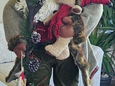 Large Alpine Rustic Woodland Santa Claus Figurine with Bear and Pine Cones 3Ft Tall