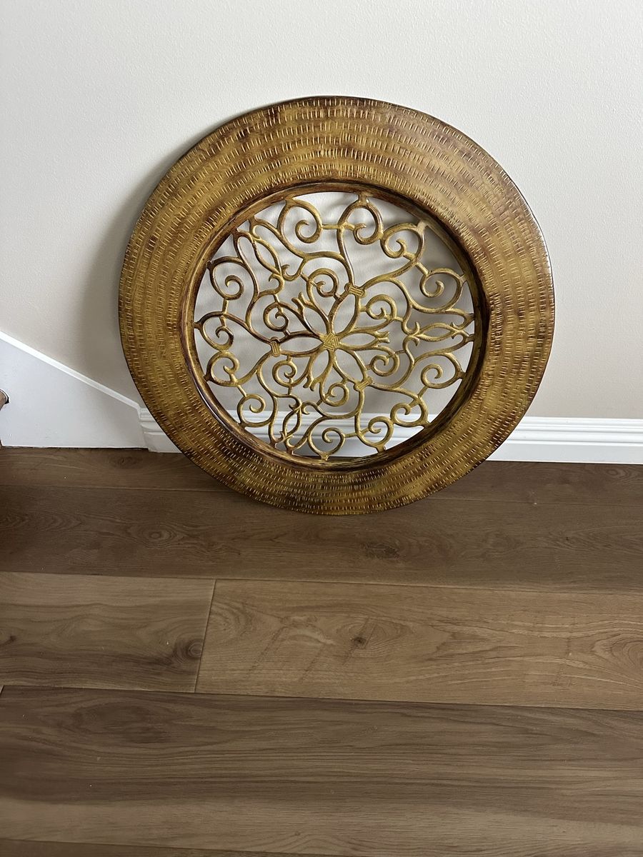 Gold Woven Style Round Wall Decor with Ornate Scrollwork Center