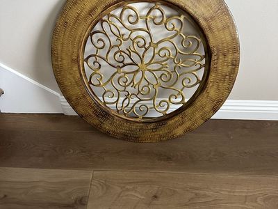 Gold Woven Style Round Wall Decor with Ornate Scrollwork Center