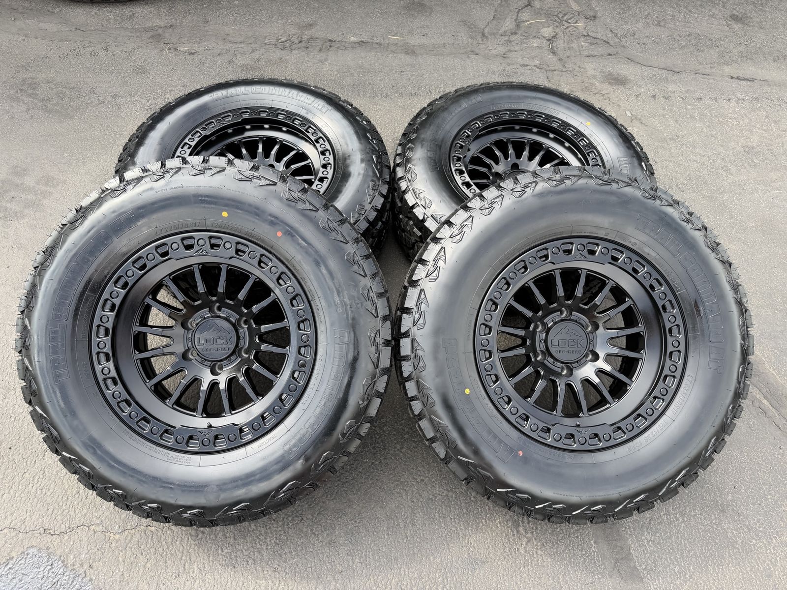 New LT285/70r17 Ameritread AT Black Lock GRIT 6x5.5 Chevy Silverado 1500 GMC Toyota Tacoma Ford Ranger 6 lug wheels and tires 