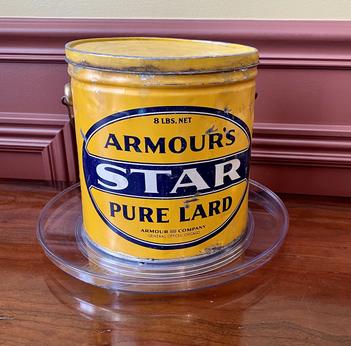 Antique 1940s Yellow And Blue ARMOURS STAR PURE LARD - Tin Bucket Advertising - C PIX