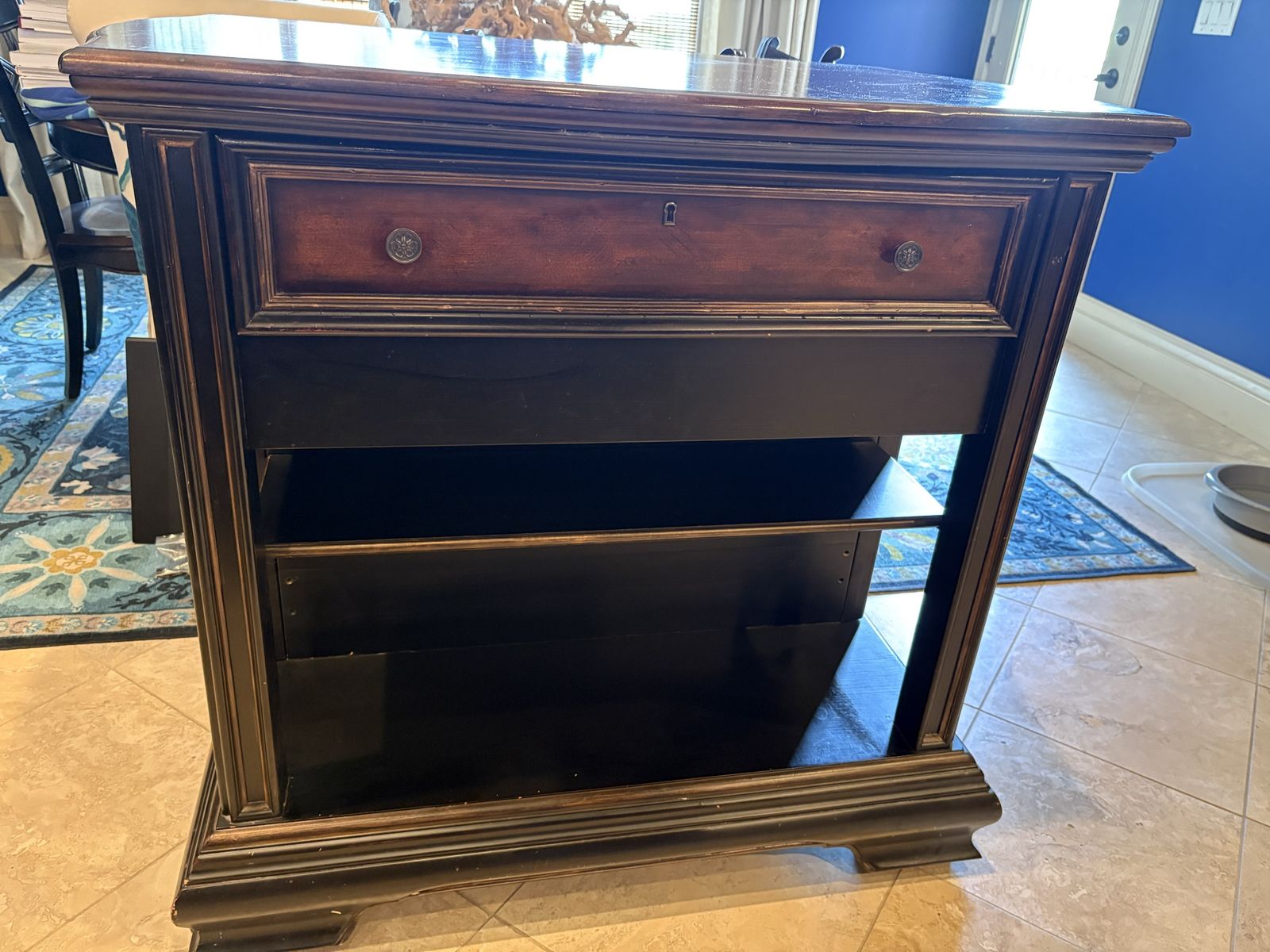Classic Distressed Black & Wood Kitchen Island/Cabinet with Drawer, Shelving & Pull out desktop/table