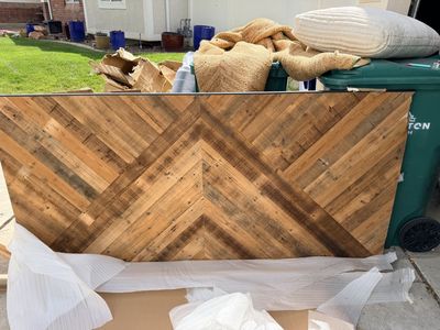 New. Rustic Barn Door 83x40.5 Chevron Wood Panel or Wall Acoustic Decor, Distressed Finish. Minor Damage. No Hardware.