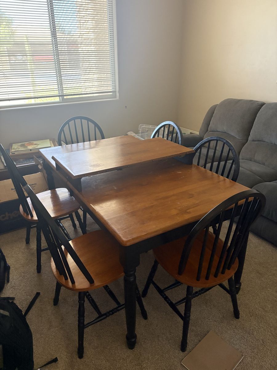 Wooden Dining Table Set with 6 Black Spindle Back Chairs - Two-Tone Design