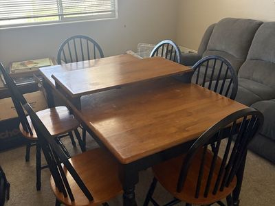 Wooden Dining Table Set with 6 Black Spindle Back Chairs - Two-Tone Design