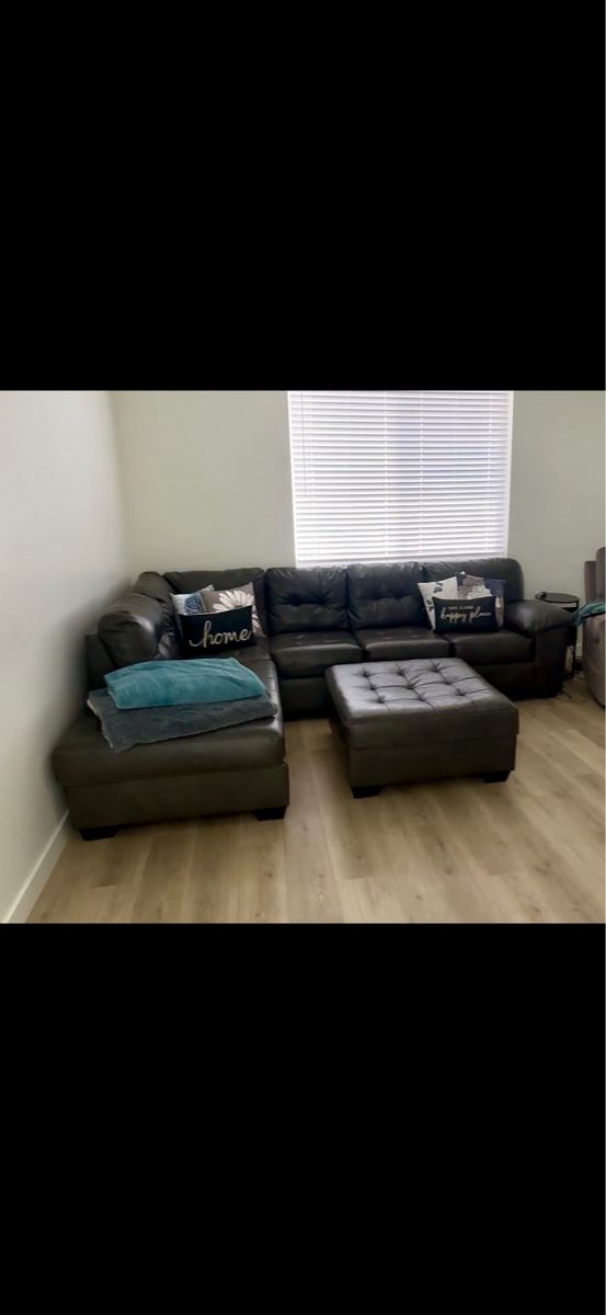 Gray Faux Leather Sectional Sofa with Ottoman
