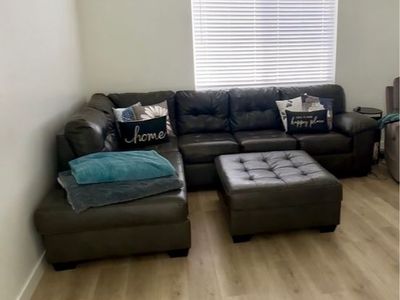 Gray Faux Leather Sectional Sofa with Ottoman