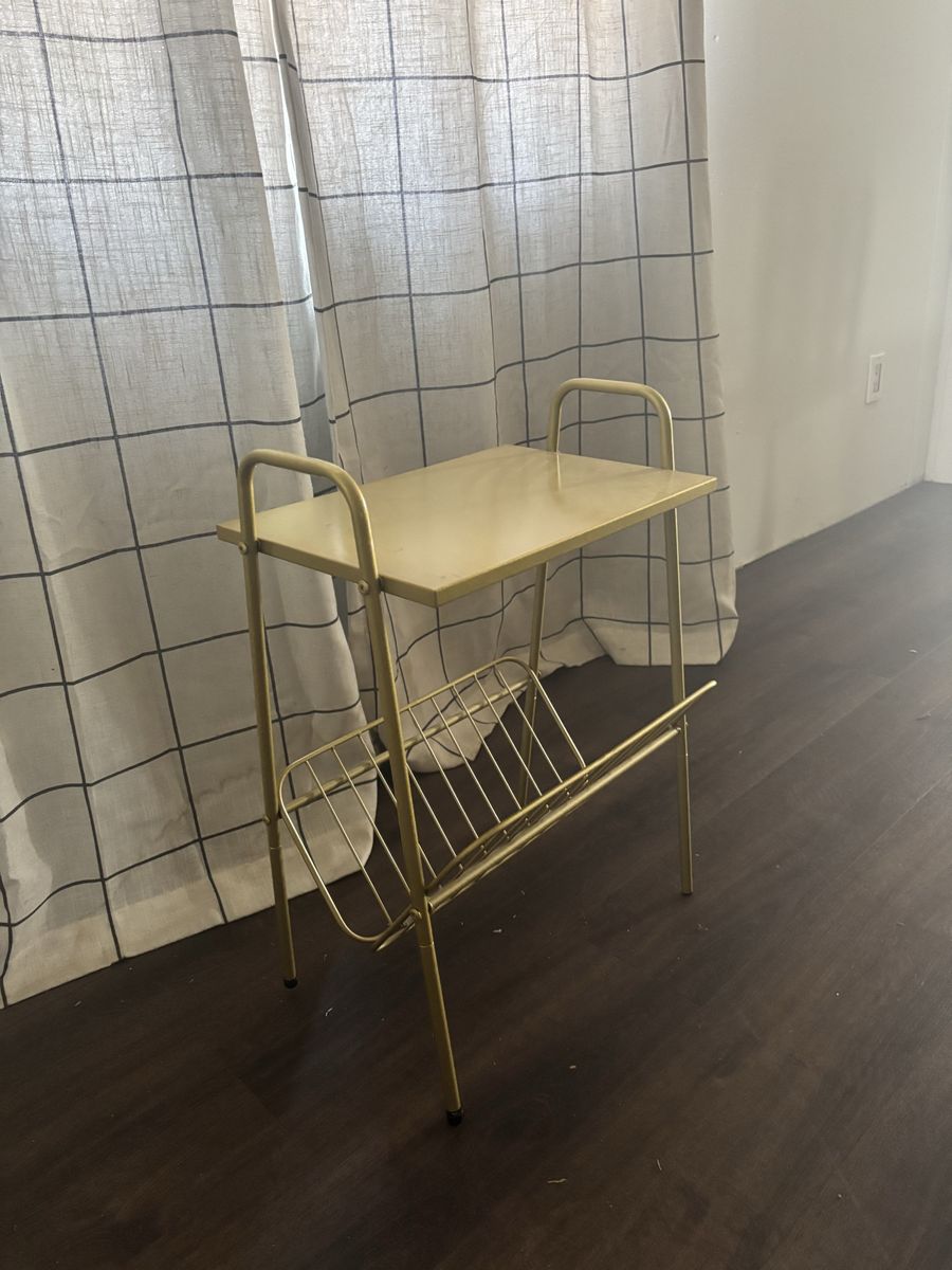 Vintage Gold Tone Metal Side Table with Magazine Rack Holder