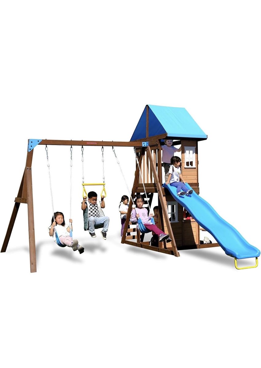 Sportspower Lakeview Wooden Swing Set & Playhouse, Trapeze, Slide, Ages 3-8, New