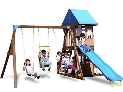 Sportspower Lakeview Wooden Swing Set & Playhouse, Trapeze, Slide, Ages 3-8, New