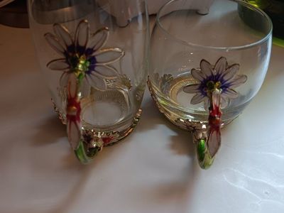2 Vintage Enamel Daisy Flower Glass Tea Cups with Gold Tone Handle & Base - Unique Decor/Drinkware