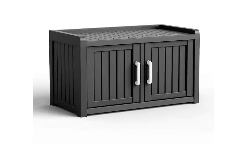 NEW! Storage Cabinet Bench Outdoor/Indoor w/2 Doors Waterproof Resin Black 32”W x 17”D x 18”H
