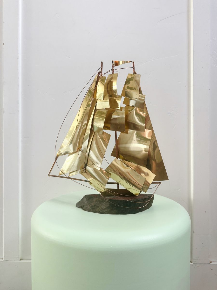 Mid Century Brass & Copper Sailboat Ship Sculpture