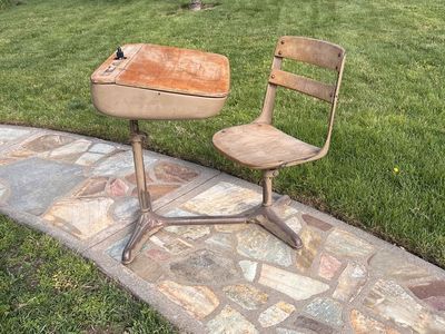 Antique Student Desk with Attached Chair