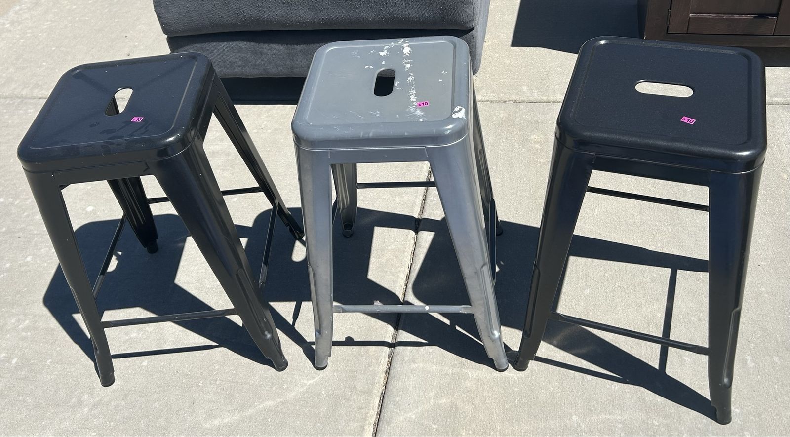 Set of 3 Used Metal Bar Stools - 2 Black, 1 Grey - Industrial Style Kitchen Counter Height