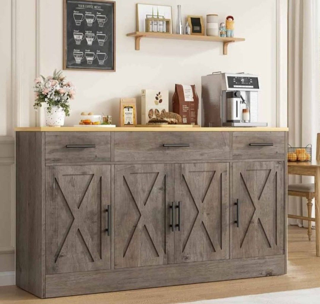 Rustic Farmhouse Buffet Sideboard with Storage Cabinets and Drawers in Grey Wood Finish